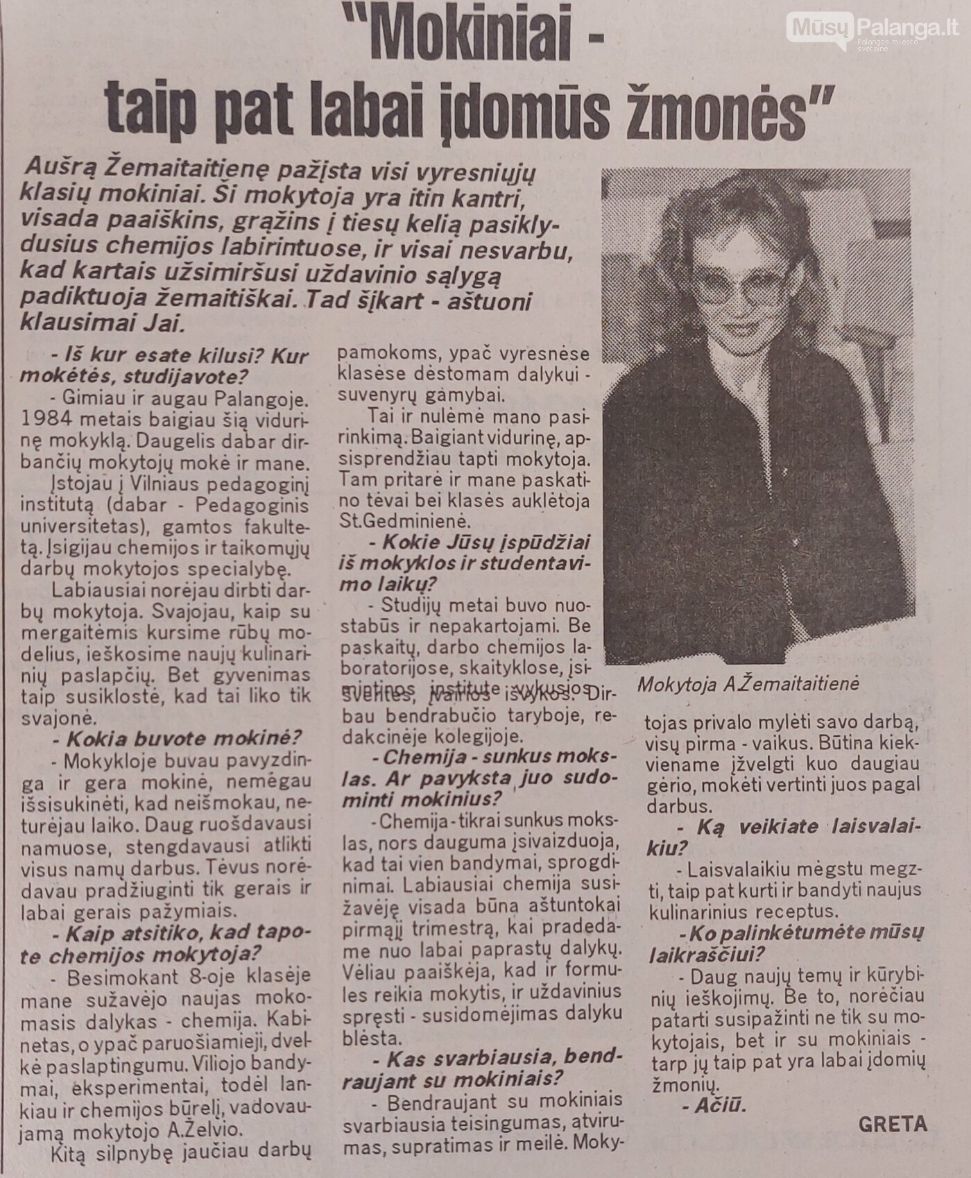 Šios dienos mokytojos atsakymus lyginame su 1996 m. kovo 13 d. mokykliniame laikraštyje „Mokyklos laiptai“ paskelbtu šiuo straipsniu. Autorės nuotr.