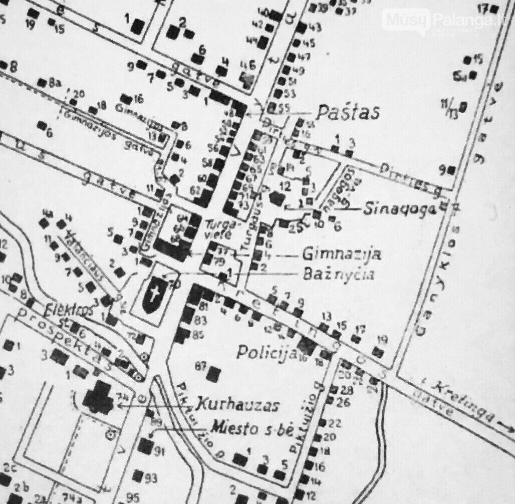 1937 m. Palangos plano atkarpa, kuriame pažymėta Sinagogos gatvė
