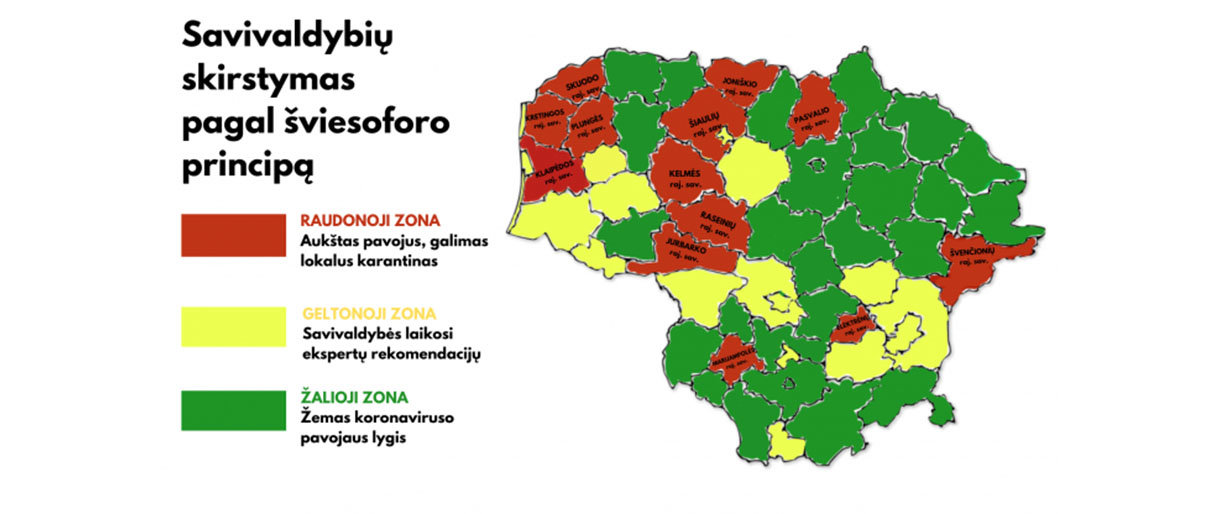Patvirtinta: nuo šiol savivaldybės pagal sergamumą koronavirusu bus skirstomos į šviesoforo spalvų zonas